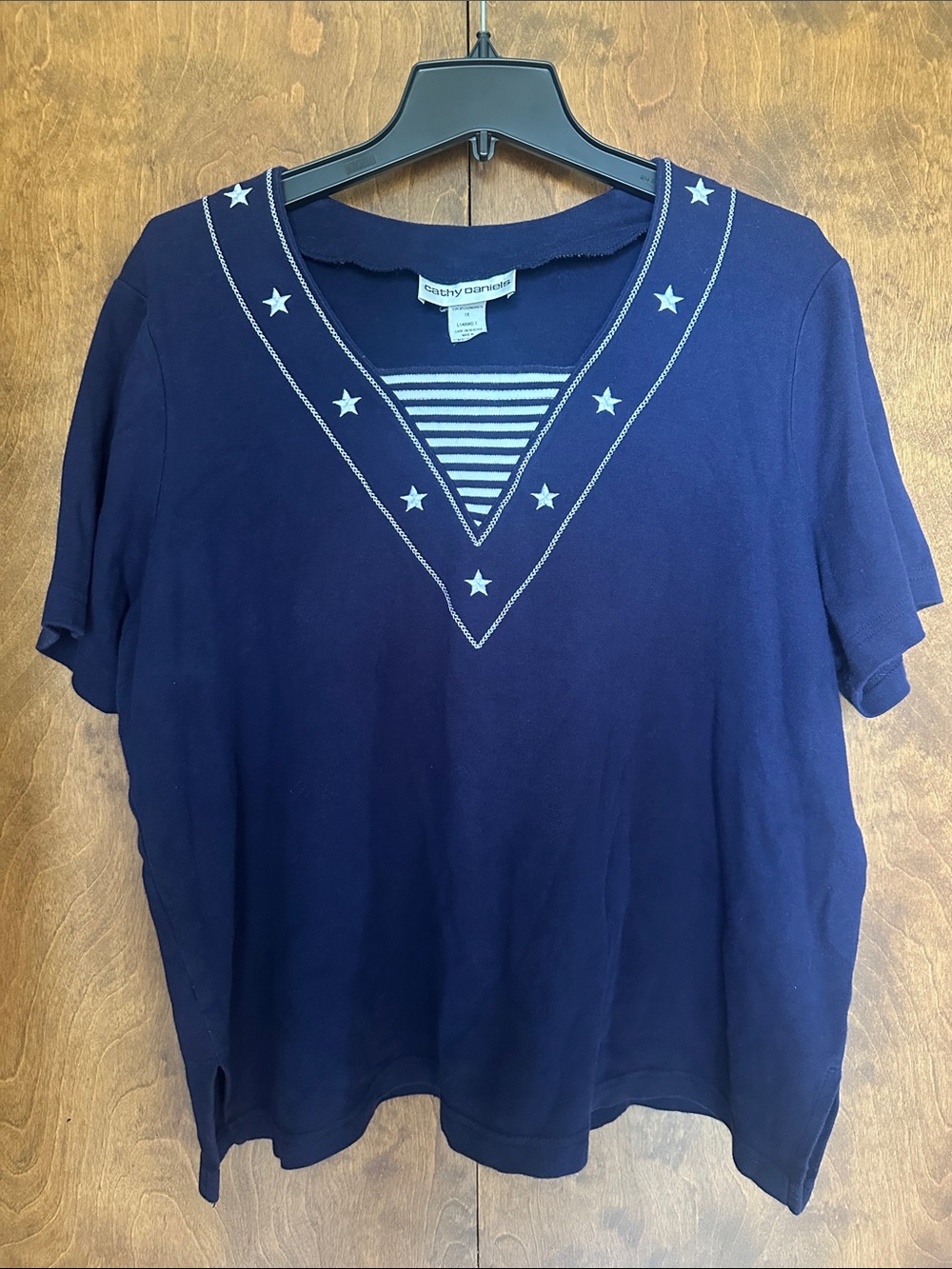 Cathy Daniels Navy Short-Sleeve V-Neck Top with Star Trim